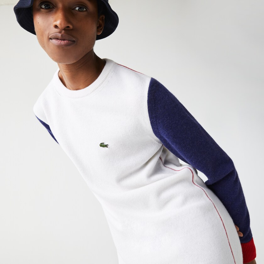 Vestido Lacoste Feminino Branco Azuis Vermelhas Made In France Tricolour Wool Sweater BC2-51755M6