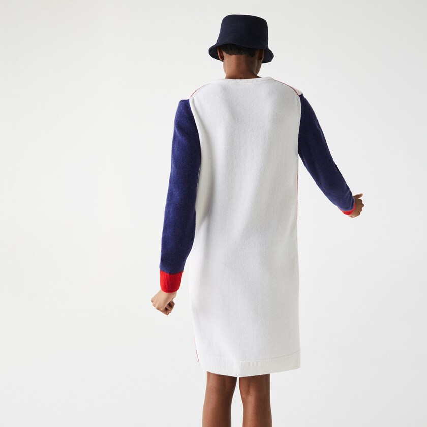 Vestido Lacoste Feminino Branco Azuis Vermelhas Made In France Tricolour Wool Sweater BC2-51755M6