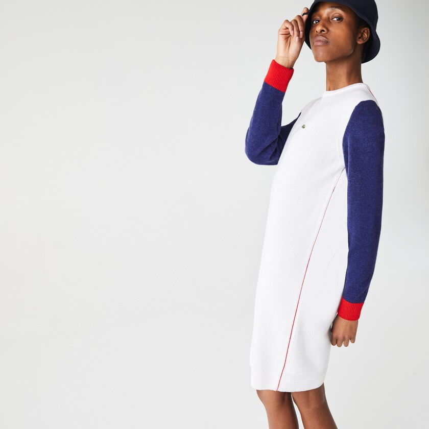 Vestido Lacoste Feminino Branco Azuis Vermelhas Made In France Tricolour Wool Sweater BC2-51755M6