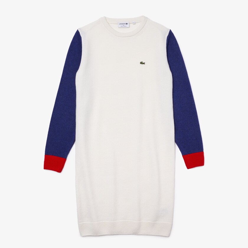 Vestido Lacoste Feminino Branco Azuis Vermelhas Made In France Tricolour Wool Sweater BC2-51755M6