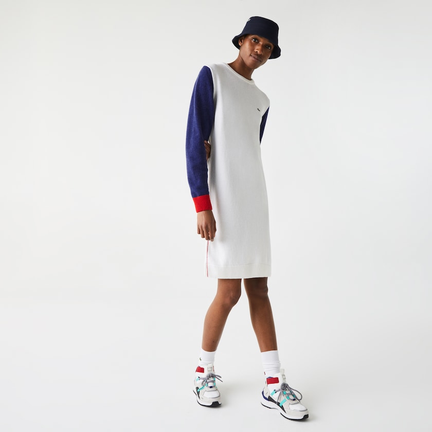 Vestido Lacoste Feminino Branco Azuis Vermelhas Made In France Tricolour Wool Sweater BC2-51755M6