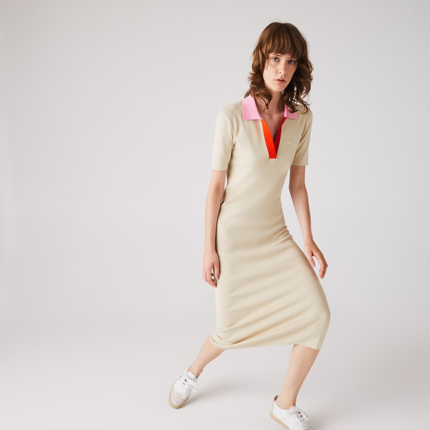 Vestido Lacoste Feminino Bege Rosa Vermelhas Polo Collar Two-Tone Cotton Knit Long Sweater QQ5-99199E5