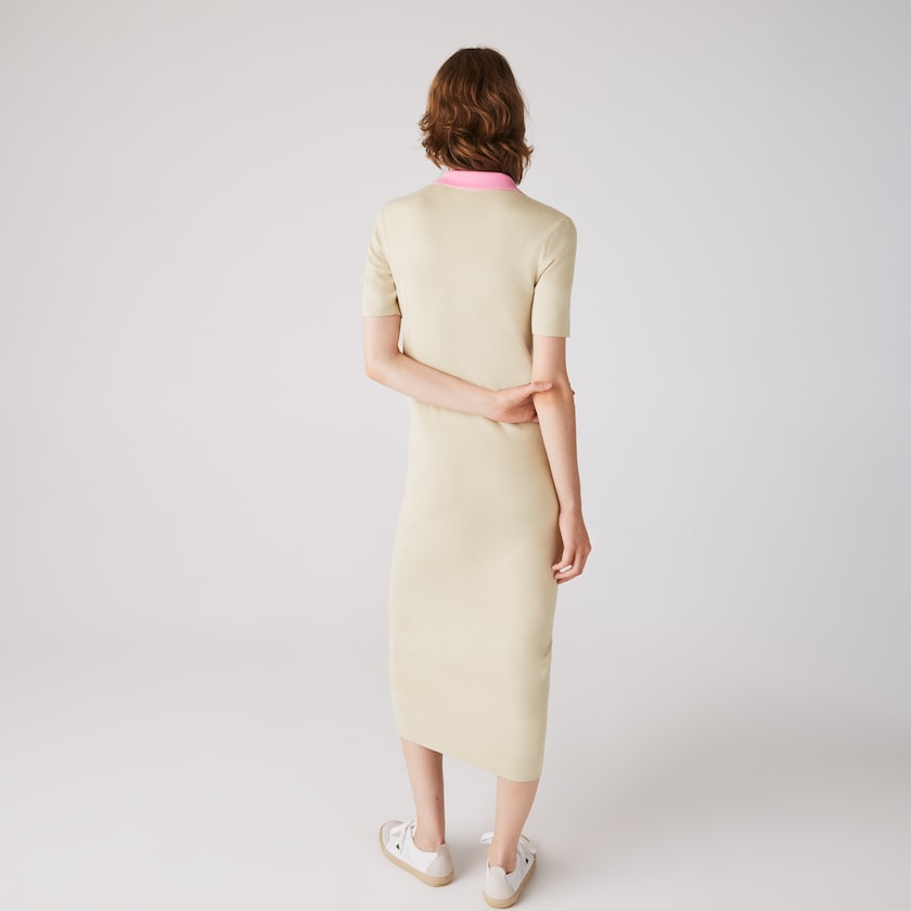 Vestido Lacoste Feminino Bege Rosa Vermelhas Polo Collar Two-Tone Cotton Knit Long Sweater QQ5-99199E5
