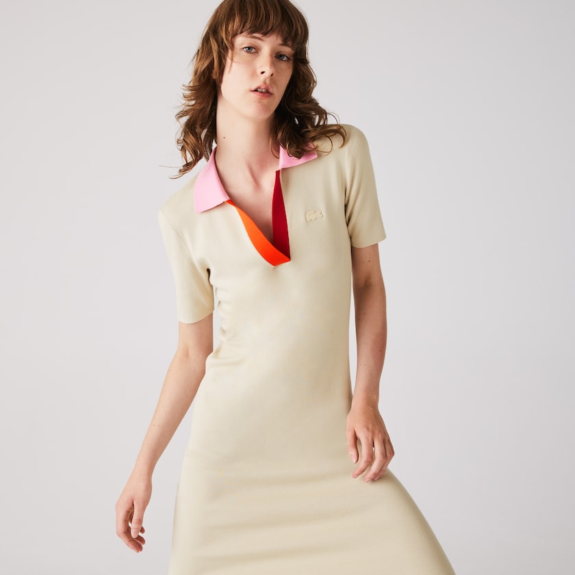 Vestido Lacoste Feminino Bege Rosa Vermelhas Polo Collar Two-Tone Cotton Knit Long Sweater QQ5-99199E5