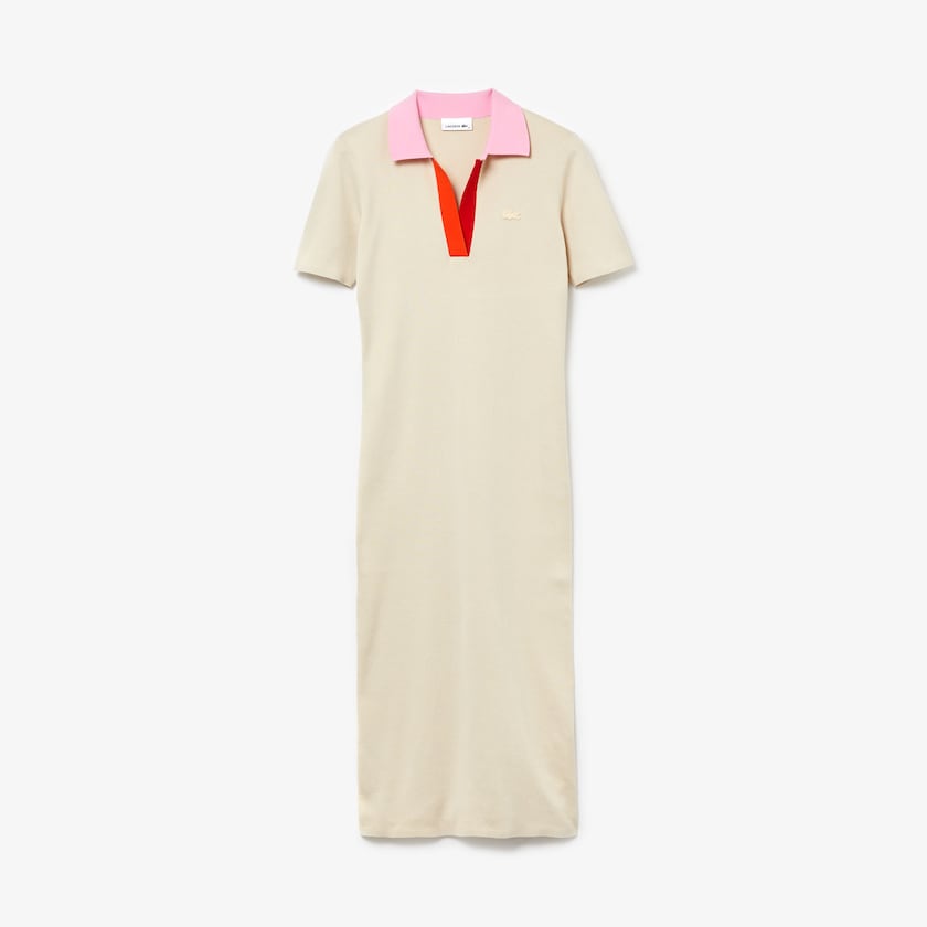 Vestido Lacoste Feminino Bege Rosa Vermelhas Polo Collar Two-Tone Cotton Knit Long Sweater QQ5-99199E5